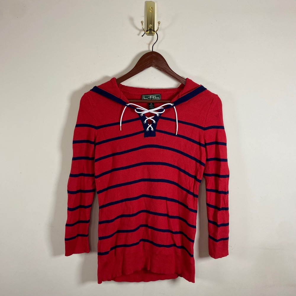 Lauren Ralph Lauren Red Navy‎ Striped Hooded Sweater Lace Up Front XS Fisherman